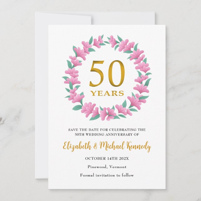 50-års jubileum Rosa blomsterkrans Spara Datumet (Framsida)