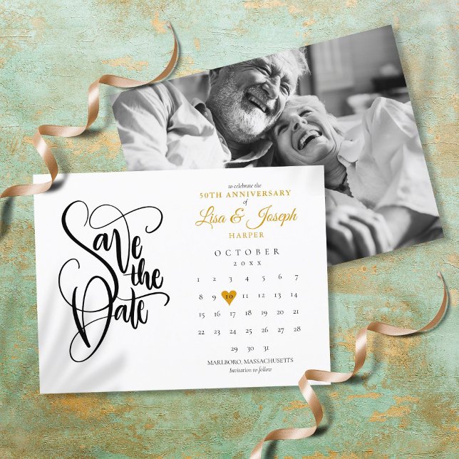 50 års Jubileum Spara Datumet Kalender Guld Foto Meddelande Vykort (Skapare uppladdad)