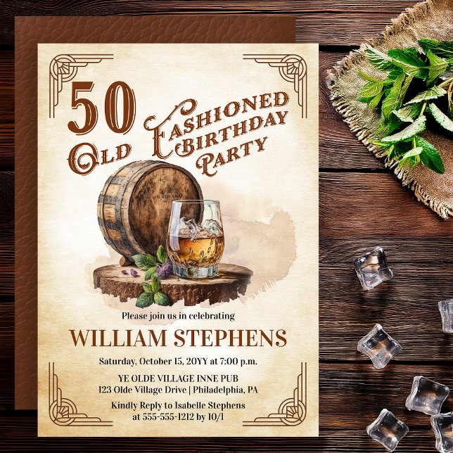 50-års Whiskeyfatöljdens födelsedagsfest Inbjudningar (Old Fashioned 50th Birthday Party Whiskey Barrel Theme Invitation)
