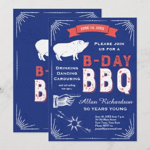 50 års Young Retro Red White och Blue BBQ Party Inbjudningar