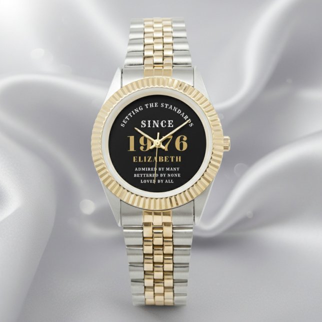 50-årsdag 1976 Elegant svart vit Chic Armbandsur (Born 1976 watch. Silver out of focus background.)