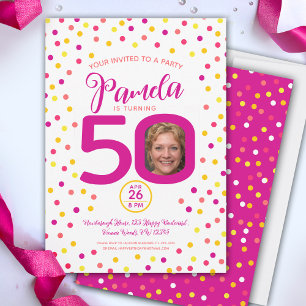 50-årsdag anpassningsbar rosa gult confietti inbjudningar