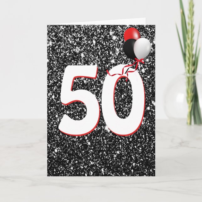 50-årsdag Ballonger på svart glitterkort Kort (Framsida)