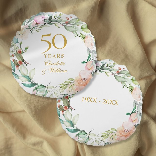 50-årsdag för bröllopsdag Rosor Garland  Rund Kudde (50th Golden Wedding Anniversary Roses Garland Round Pillow)