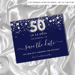50-årsdag för marinblå silver-spara flygblad<br><div class="desc">Observera att det här Spara datumet är pappert och mycket tunt. Kuvert ingår inte. Om du vill ha ett tjockare Spara datumkortet (samma design) kan du besöka vår butik. Ett giftigt och trendig Spara datumkortet för en 50:e födelsedagsfest. En marin blå färgad bakgrund. Dekorerad med faux silver-stjärnor. Texten: Spara datumet...</div>