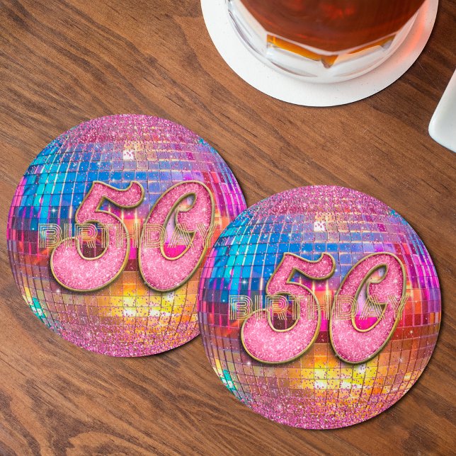 50-årsdag Guld Rosa Glitter Dansande Disco Boll Underlägg Papper Rund (Skapare uppladdad)