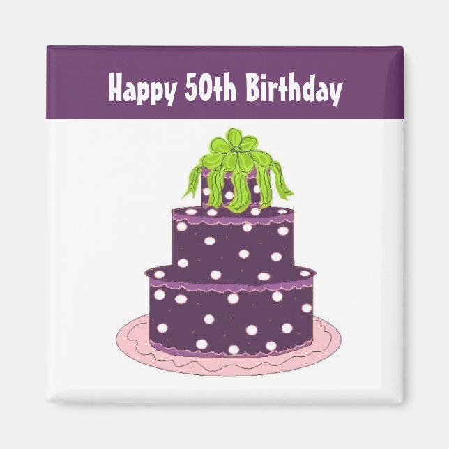 50-årsdag - Lila prickig tårta Magnet (Framsidan)