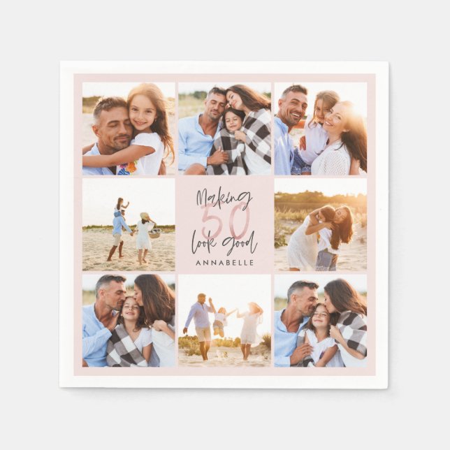 50-årsdag rosa girly glitter fotocollage pappersservett (Framsidan)