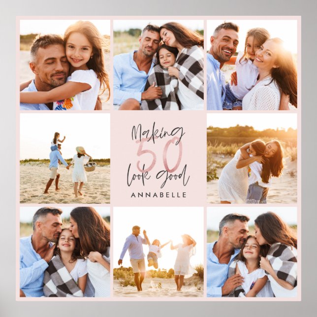 50-årsdag rosa girly glitter fotocollage poster (Framsidan)