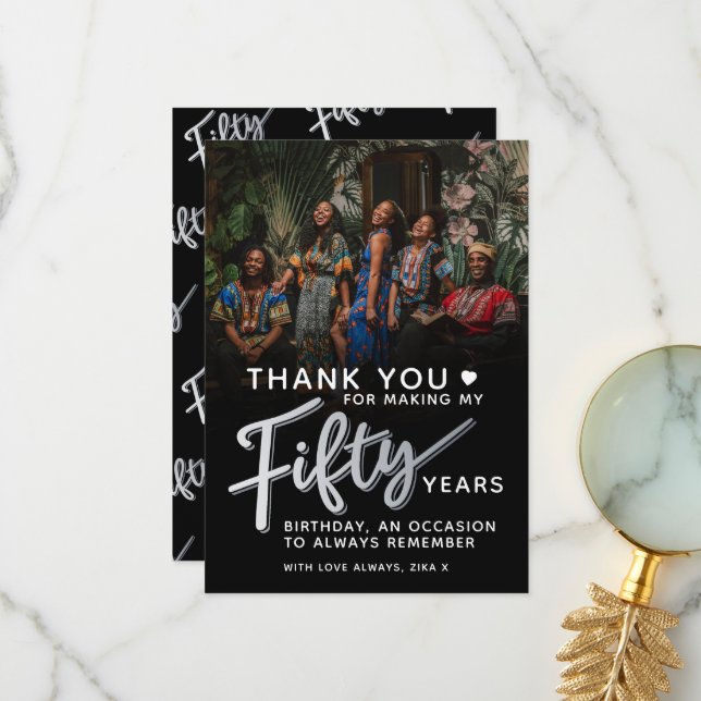 50-årsdag, svart 50-skriptfoto från silver tack kort (Fram/Back In Situ)