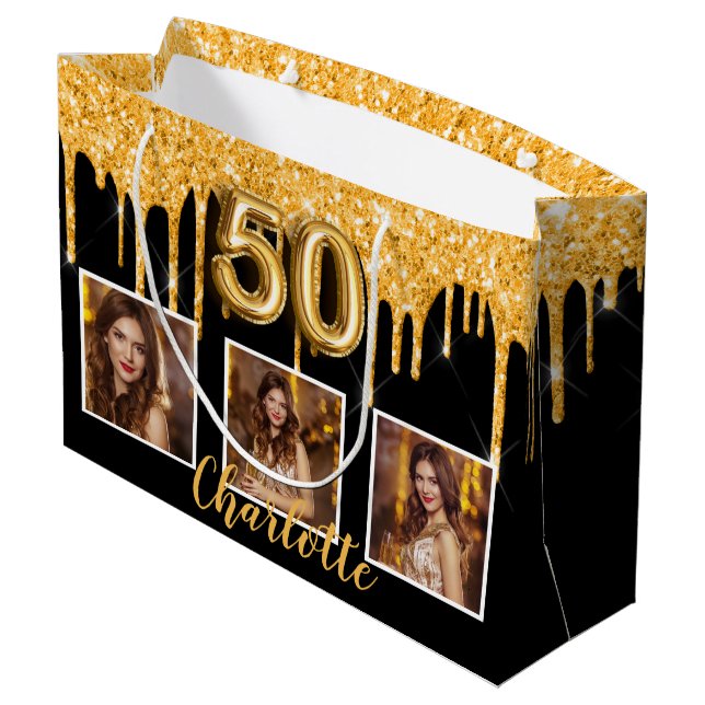 50-årsdag svart guld glitter droppar foto (Baksidan Vinklad)