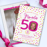 50-årsdagars anpassningsbar foton rosa gult-konett inbjudningar<br><div class="desc">Slumpmässiga konfektyrer fyller 50 år med överraskningsinbjudningar. I mörk rosa, röd, koral, gyllene gult och gult på vitt. Lägg till ditt eget foto från födelsedagskalan i mitten av 50-talet och ett storlekt foto på baksidan (perfekt för en liten stund och sedan fotomöjlighet), anpassa med din egen information om 50-årsdag, tid...</div>