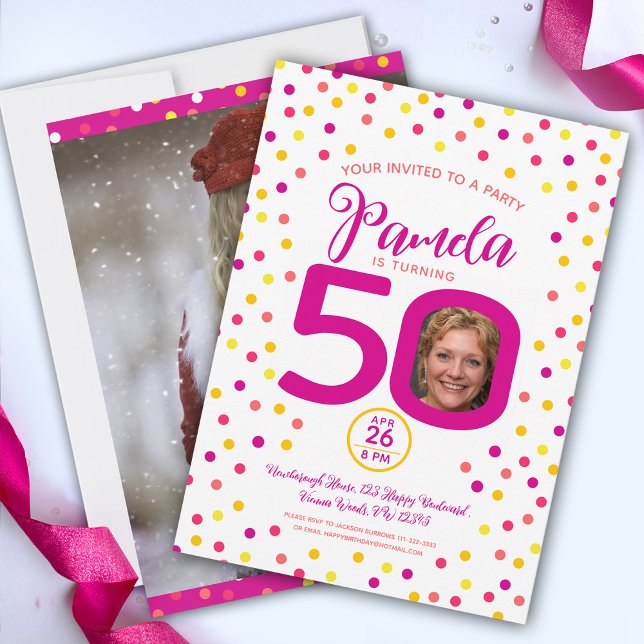 50-årsdagars anpassningsbar foton rosa gult-konett inbjudningar (Skapare uppladdad)
