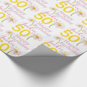 50-årsdagars daisy blomma med namn på presentbyt presentpapper