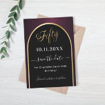 50-årsdagars svart burgundy guld arch spara datumet<br><div class="desc">A Spara datumkortet för en 50:e födelsedagsfest. En svart och burgundisk bakgrund,  dekorerad med faux guld arch. Anpassa och lägg till ett datum och ditt namn. Texten: Femtio och Spara datumet skrivs med ett stort trendig-handskript med stil.</div>