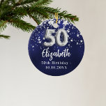 50-årsdagen av marinblå silver-stjärnor julgransprydnad keramik<br><div class="desc">En marin blå bakgrund färg med faux silver-stjärnor. Den blå färg är ojämn. Lägg till namn,  text/datum</div>