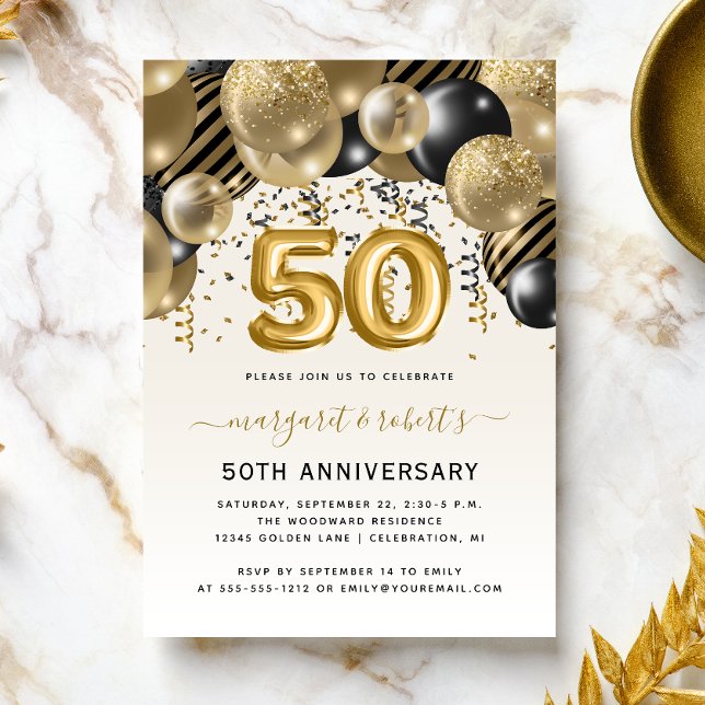 50-årsdagen Black Guld Balloon Arch Party Inbjudningar (Skapare uppladdad)