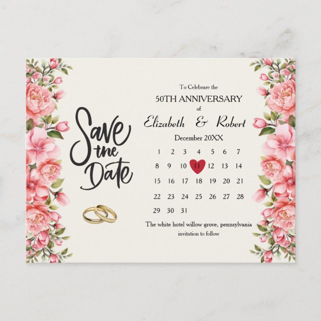 50-årsdagen Blommigt Datumkalendern Meddelande Vykort (Framsida)