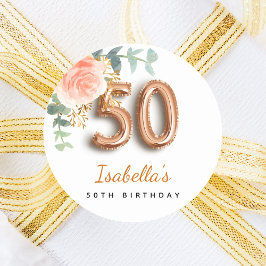 50-årsdagen blommigt ro guld eucalyptus monogram runt klistermärke