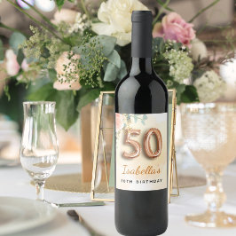 50-årsdagen blommigt ro guld eucalyptus monogram vinflaska etikett