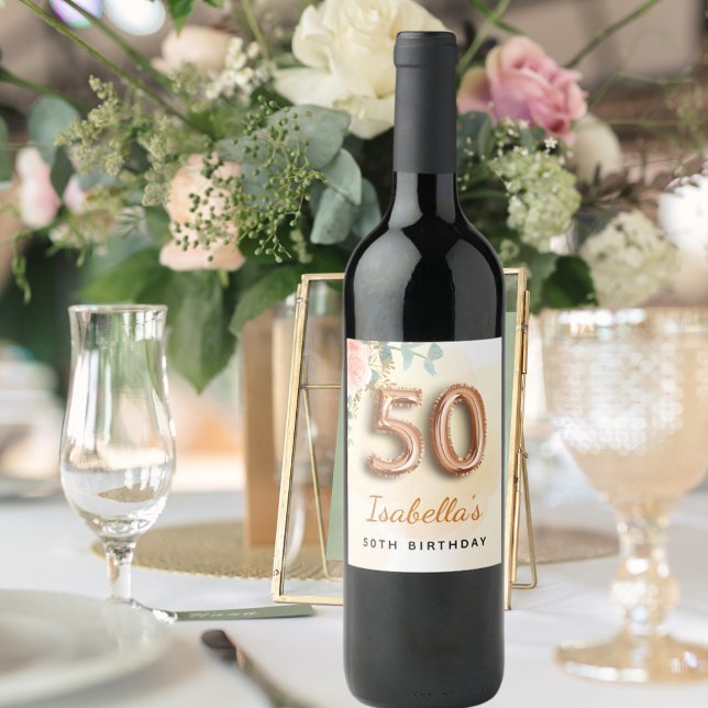 50-årsdagen blommigt ro guld eucalyptus monogram vinflaska etikett (Skapare uppladdad)