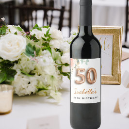 50-årsdagen blommigt ro guld eucalyptus monogram vinflaska etikett