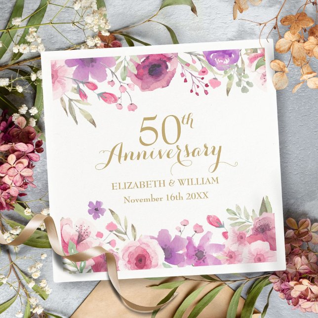 50-årsdagen Blommigt Watercolor Ro Greenery Pappersservett (50th Anniversary Floral Watercolour Roses Greenery Napkins)