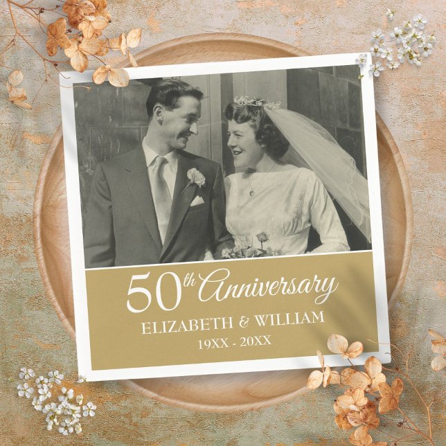 50-årsdagen Bröllop Photo Elegant Golden Pappersservett (50th Anniversary Wedding Photo Elegant Golden Napkins)