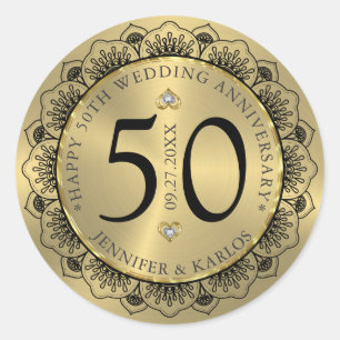50-årsdagen bröllop, svart snöre & guld runt klistermärke
