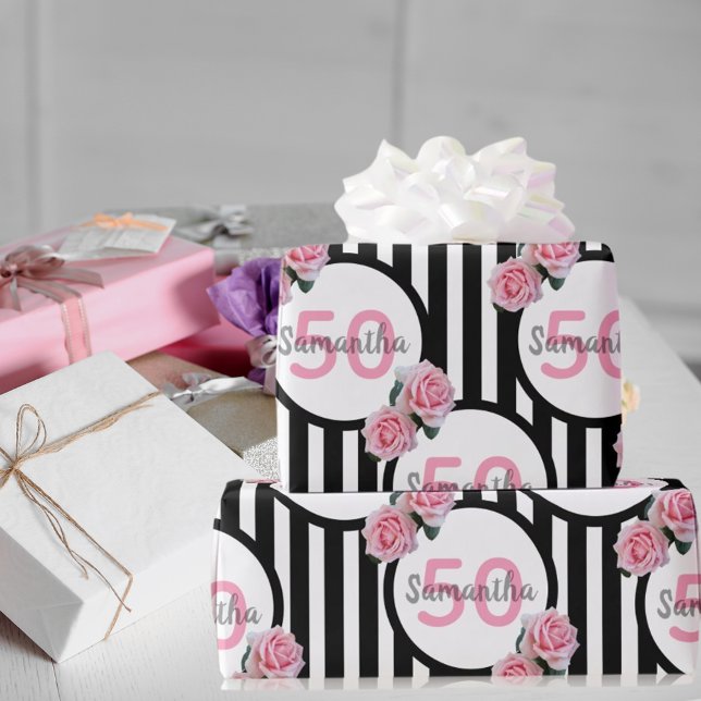 50-årsdagen chic rosa ros svartvit rand presentpapper (Skapare uppladdad)