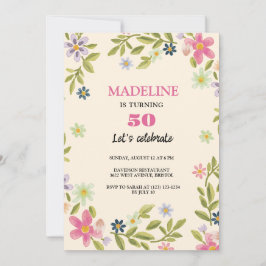 50-årsdagen färglösa blommor söt födelsedag inbjudningar