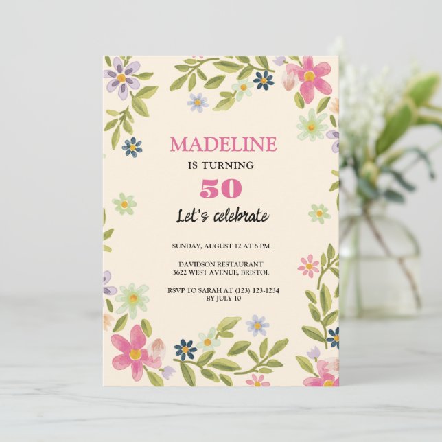 50-årsdagen färglösa blommor söt födelsedag inbjudningar (Stående Fram)