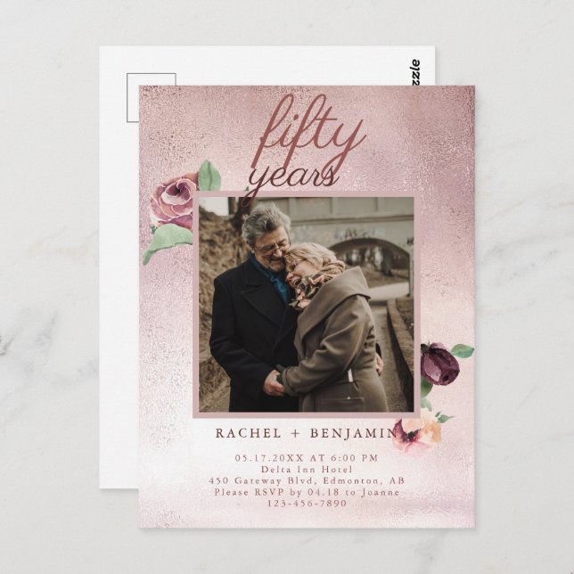 50-årsdagen för Bröllop-årsdagen för Ro Guld Glitt Vykort (Fram/baksida)