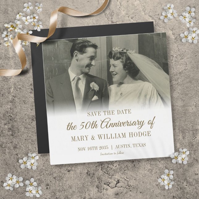 50-årsdagen för Bröllop-fotospara Guld (50th Gold Anniversary Wedding Photo Save The Date)