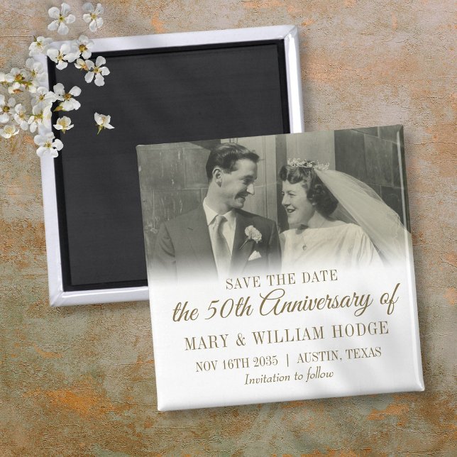 50-årsdagen för Bröllop-fotospara Guld Magnet (50th Gold Anniversary Wedding Photo Save The Date Magnet)