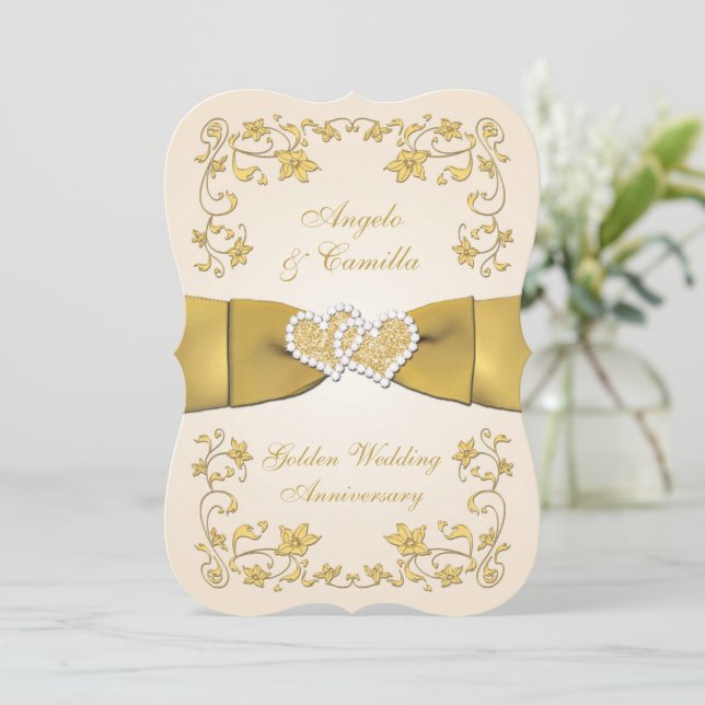 50-årsdagen Gått med Hearts, Ecru, Guld Inbjudningar (Stående Fram)