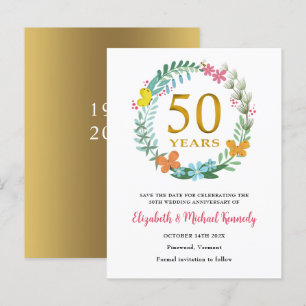 50-årsdagen Golden Blommigt Spara datumet Meddelande Vykort