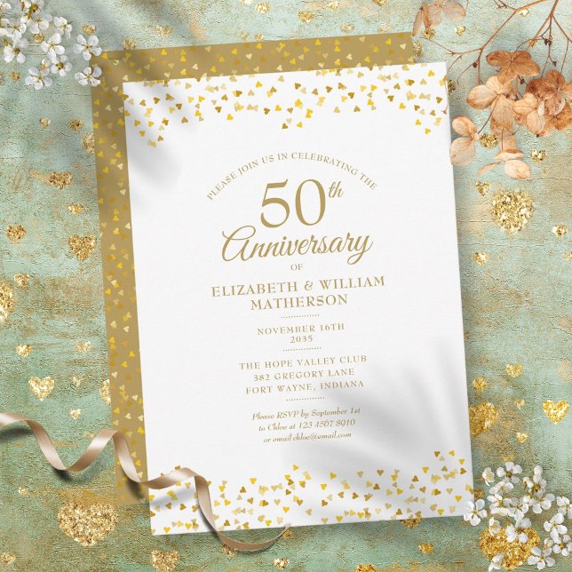 50-årsdagen Golden Kärlek Hearts Inbjudningar (50th Anniversary Golden Love Hearts Invitation)