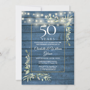 50-årsdagen Greenery String Ljus Blue Wood Inbjudningar