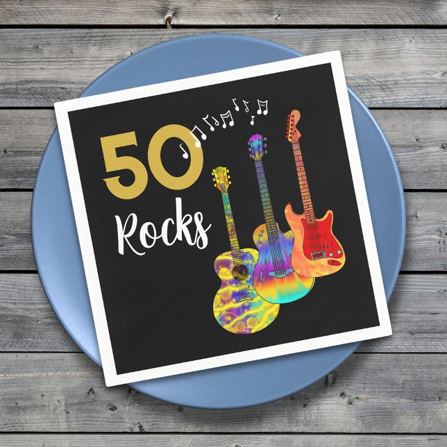 50-årsdagen Guitar Sten 50 Pappersservett (50 Rocks birthday party napkin for him funky psychedelic guitars gold and black 50th birthday )