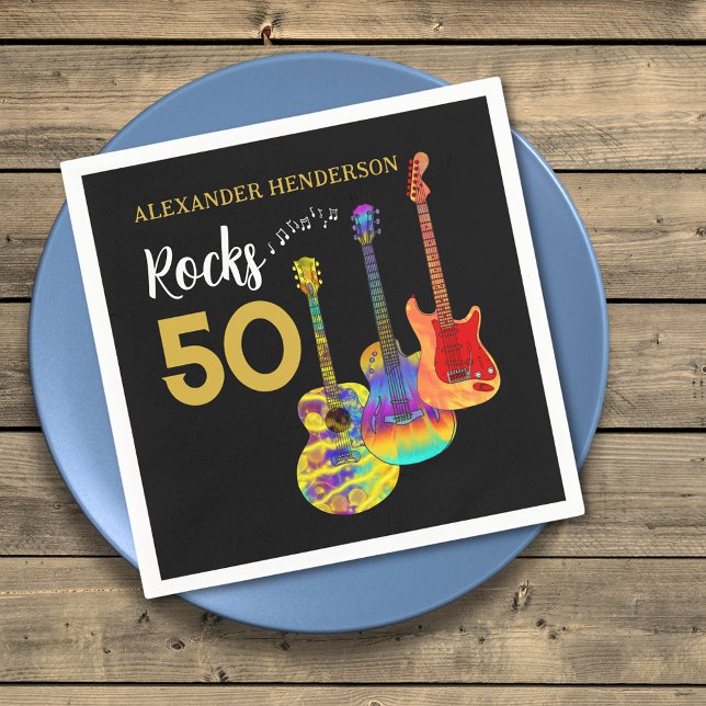 50-årsdagen Guitar Sten 50-Personligen Pappersservett (Rock and roll 50th birthday party custom napkin with add name rocks 50 colorful guitars)