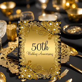 50-årsdagen Guld Black Diamond Blommigt Swirl Inbjudningar