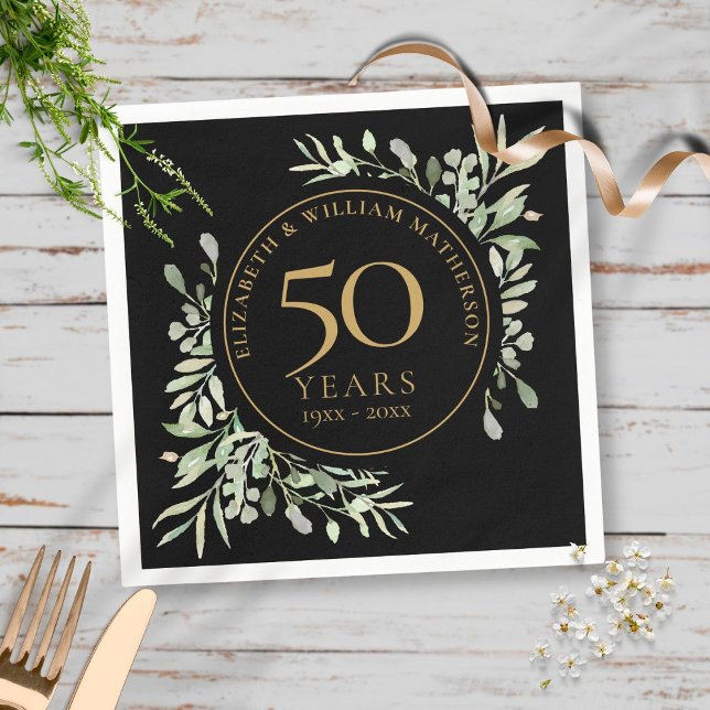 50-årsdagen Guld Watercolor Greenery Löv Pappersservett (Skapare uppladdad)