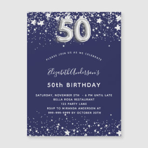 50-årsdagen Inbjudningsmagnet för marinblått silve