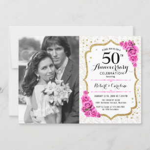 50-årsdagen med Photo - White Guld Rosa Inbjudningar
