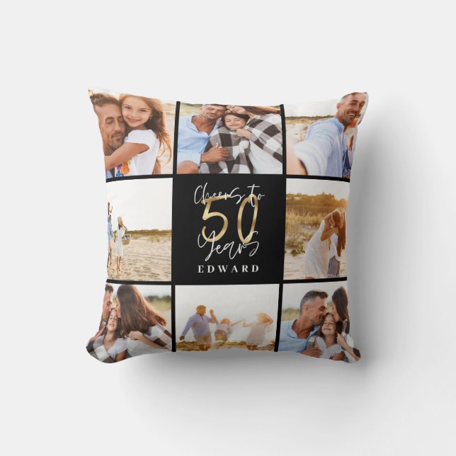 50-årsdagen modern fotosamling med svart och guld kudde (Framsida)