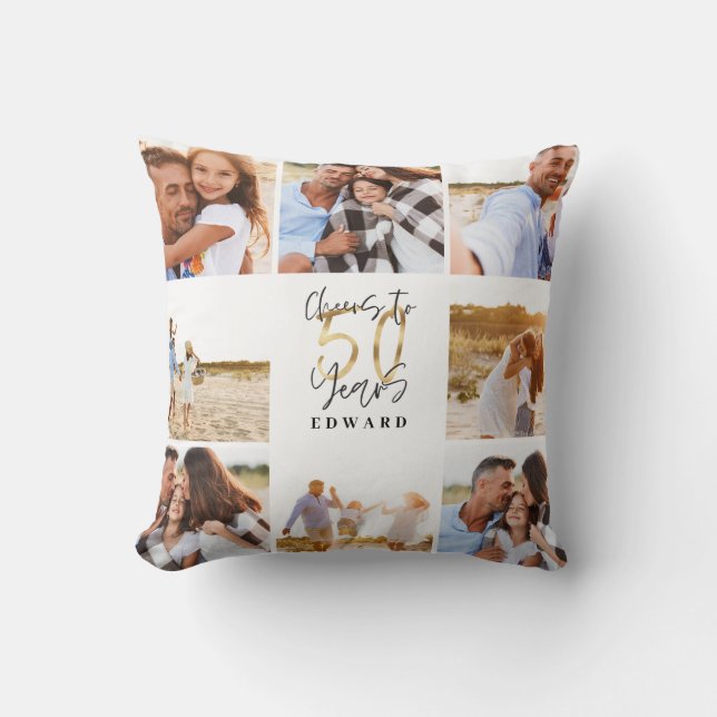 50-årsdagen modern fotosamling med svart och guld kudde (Framsida)