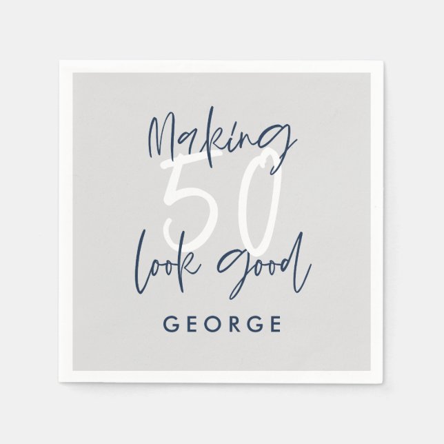 50-årsdagen modern grått + marint blåfoto party pappersservett (Framsidan)