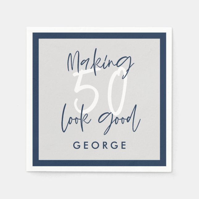 50-årsdagen modern grått + marint blåfoto party pappersservett (Framsidan)