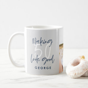 50-årsdagen modern grått och marin blå fotogåva kaffemugg